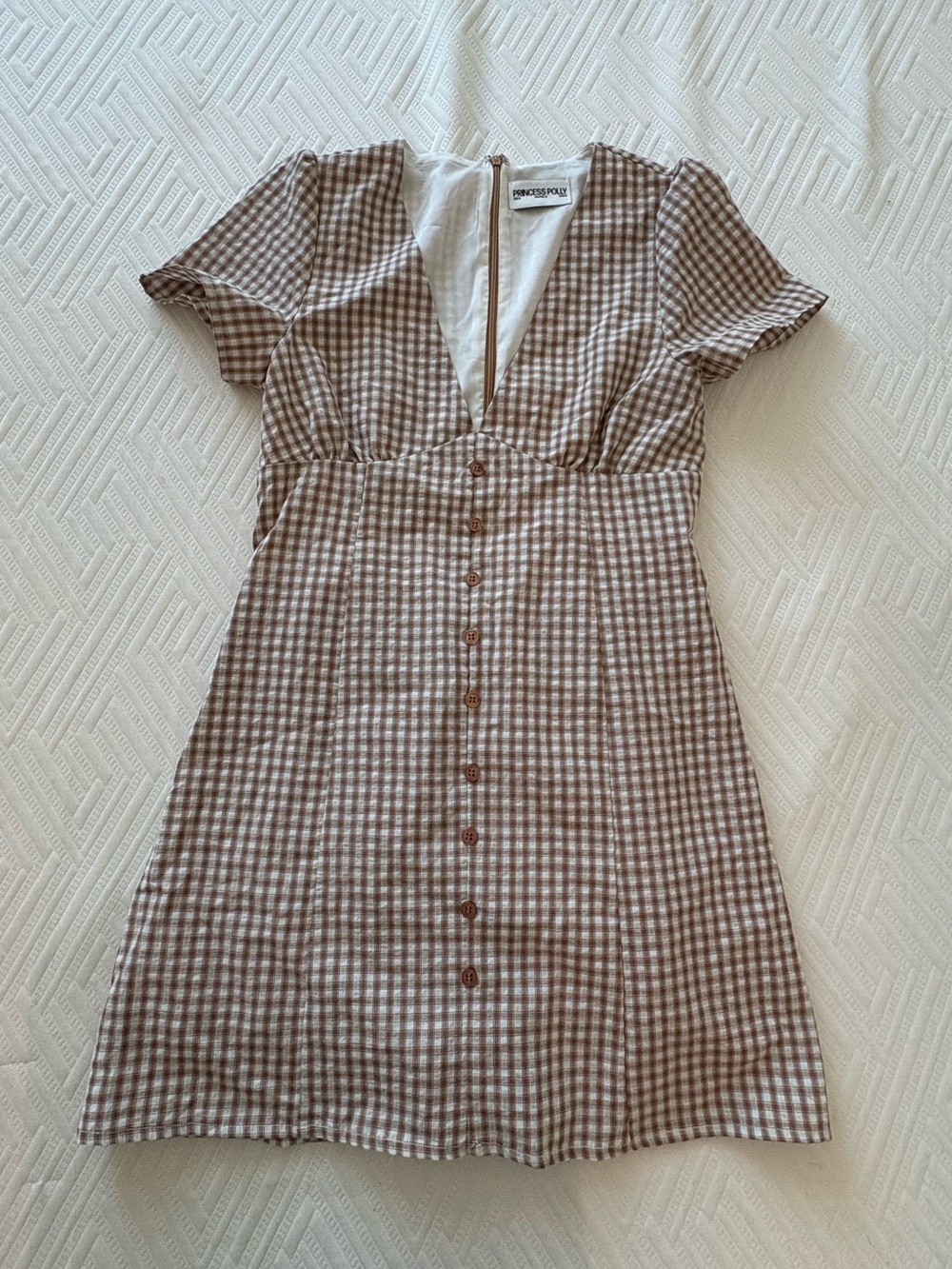NWOT PRINCESS POLLY Brown Gingham Button-Front Short Sleeve Dress